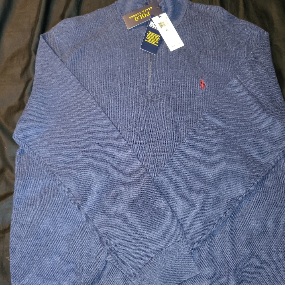 Polo Ralph Lauren Mens Sz XL Blue 1/4 Zip Pullover Sweater Maroon Pony